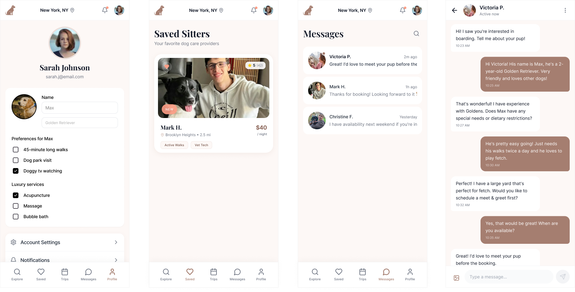 Dogstay UI concept screens - Profile, Saved, Messages