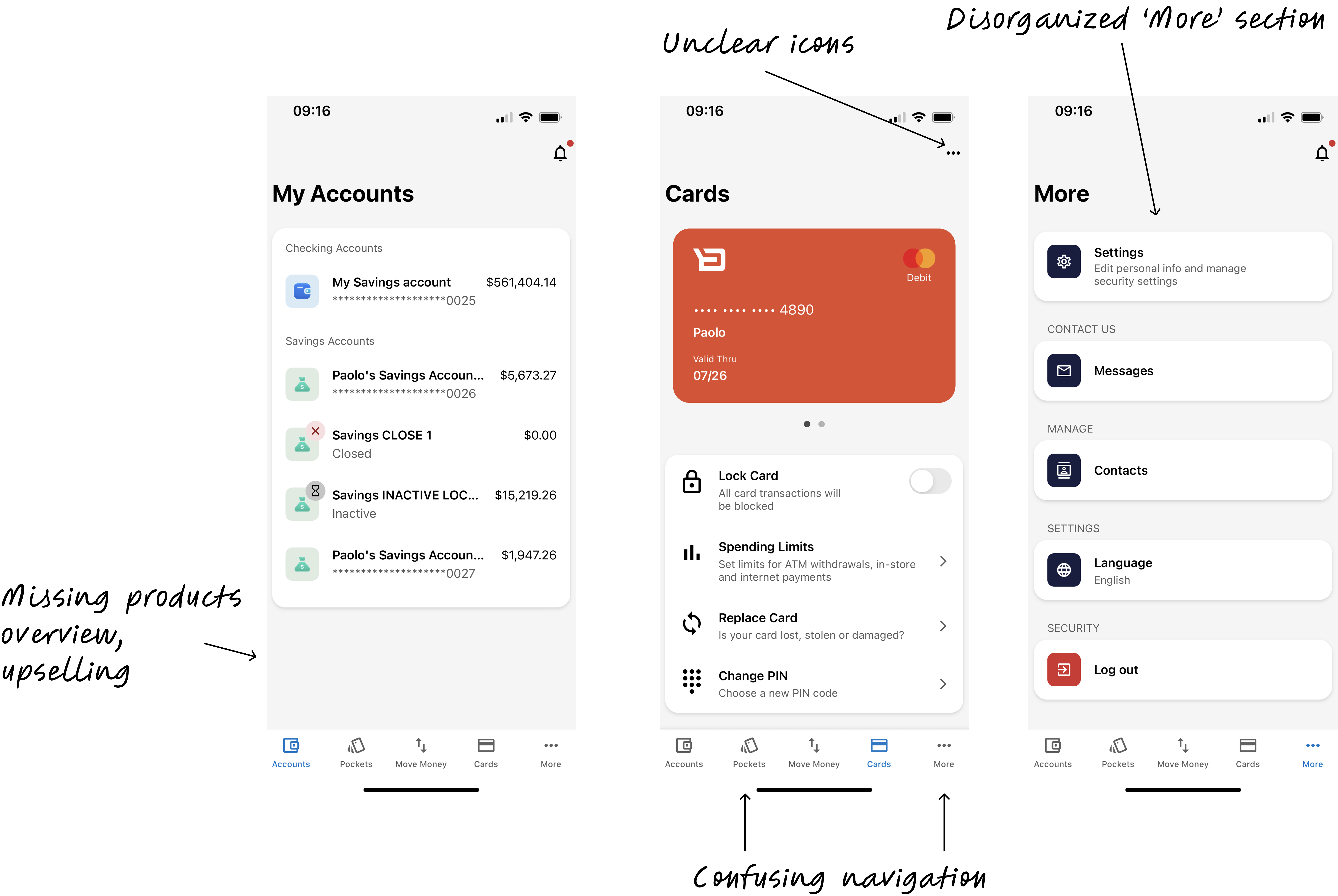 Initial state of the banking platform showing inconsistent navigation patterns